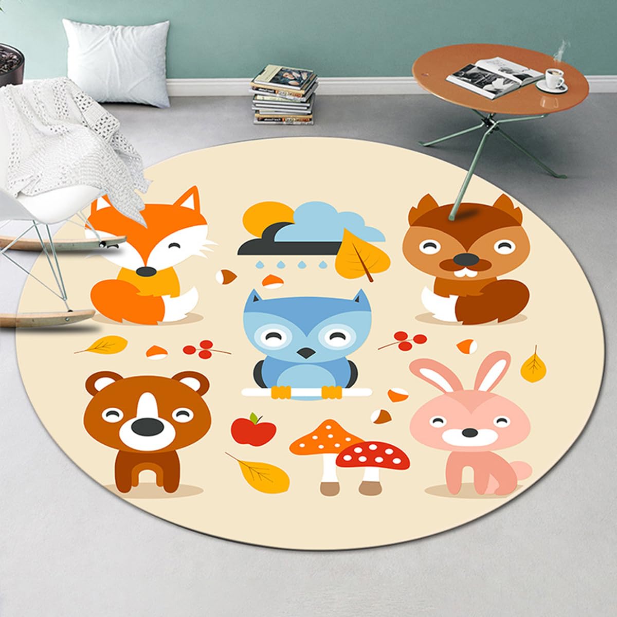 TSMMB Alfombra Salon Redonda Pelo Corto 100Cm Modelo Animales del Bosque De Dibujos Animados Alfombra De Cuarto De Niños,Alfombra Habitacion Juvenil Niña Lavable,Alfombra Dormitorio Chico,A2