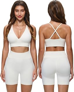 2 Piece Matching Workout Set for Women, V Neck Bra High Waisted Gym Shorts | Convertible Straps, Removable Pads, Squat-Proof, Scrunch Butt Lifting, Tummy Control, Seamless, for Pilates Workout Yoga