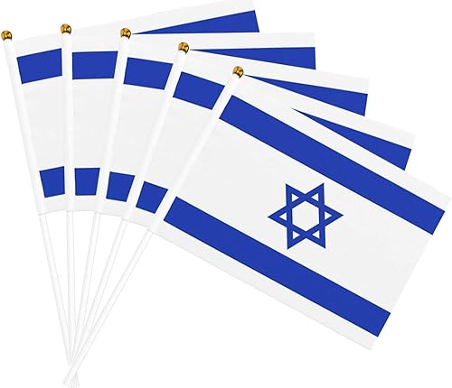 Mini bandera israelí de 5 piezas, 5.5 x 8.3 in, bandera israelí pequeña en palos, bandera de mano de doble cara, bandera israelí de mano con poste