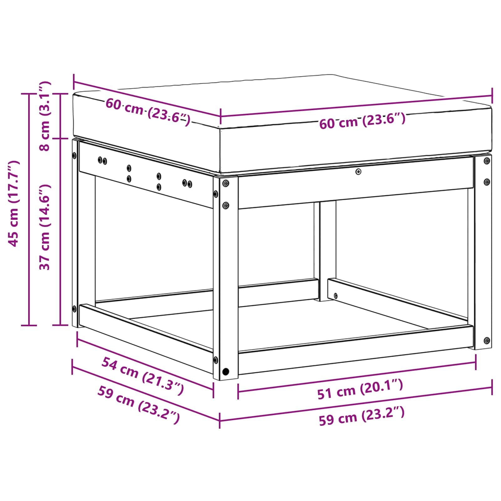 Taboret outdoorowy z litego drewna akacjowego, z poduszką do siedzenia, 59 x 59 x 37 cm, odporny na warunki atmosferyczne, modułowy, na taras, balkon, do ogrodu, wypoczynku, wygodny