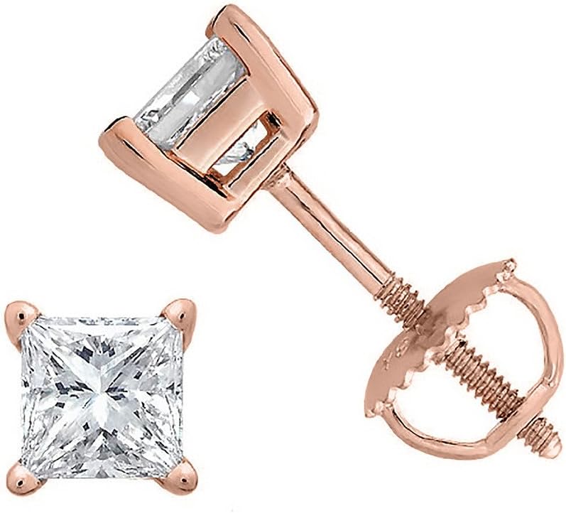 Princess cut Diamond Stud (IGI Certified (0.70ct & up) ScrewBack 14K from (0.04ct - 2.00ct, Clarity-I2)