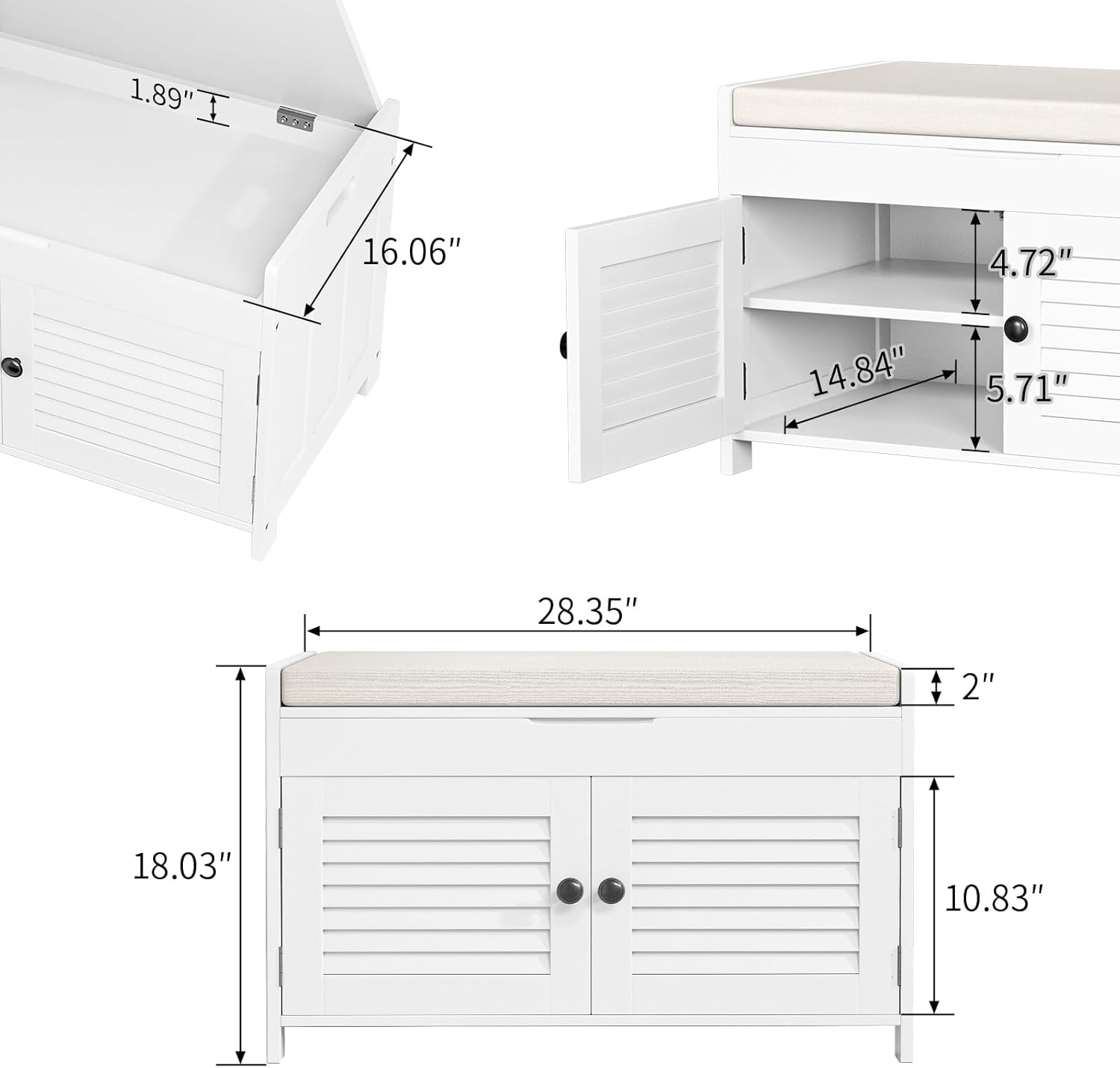 Shoe Storage Bench with Lift Top Storage, Entryway Bench with Cushioned Seat, Adjustable Shelf, 2 Tier Shoe Rack with Doors for Entryway, Bedroom, Hallway, Mudroom, White White Lift Top Storage