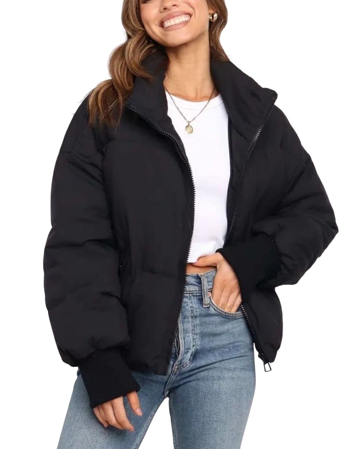 Kwoki Women's Zipper Puffer Jacket Baggy Long Sleeve Stand Collar Winter Short Down Coat