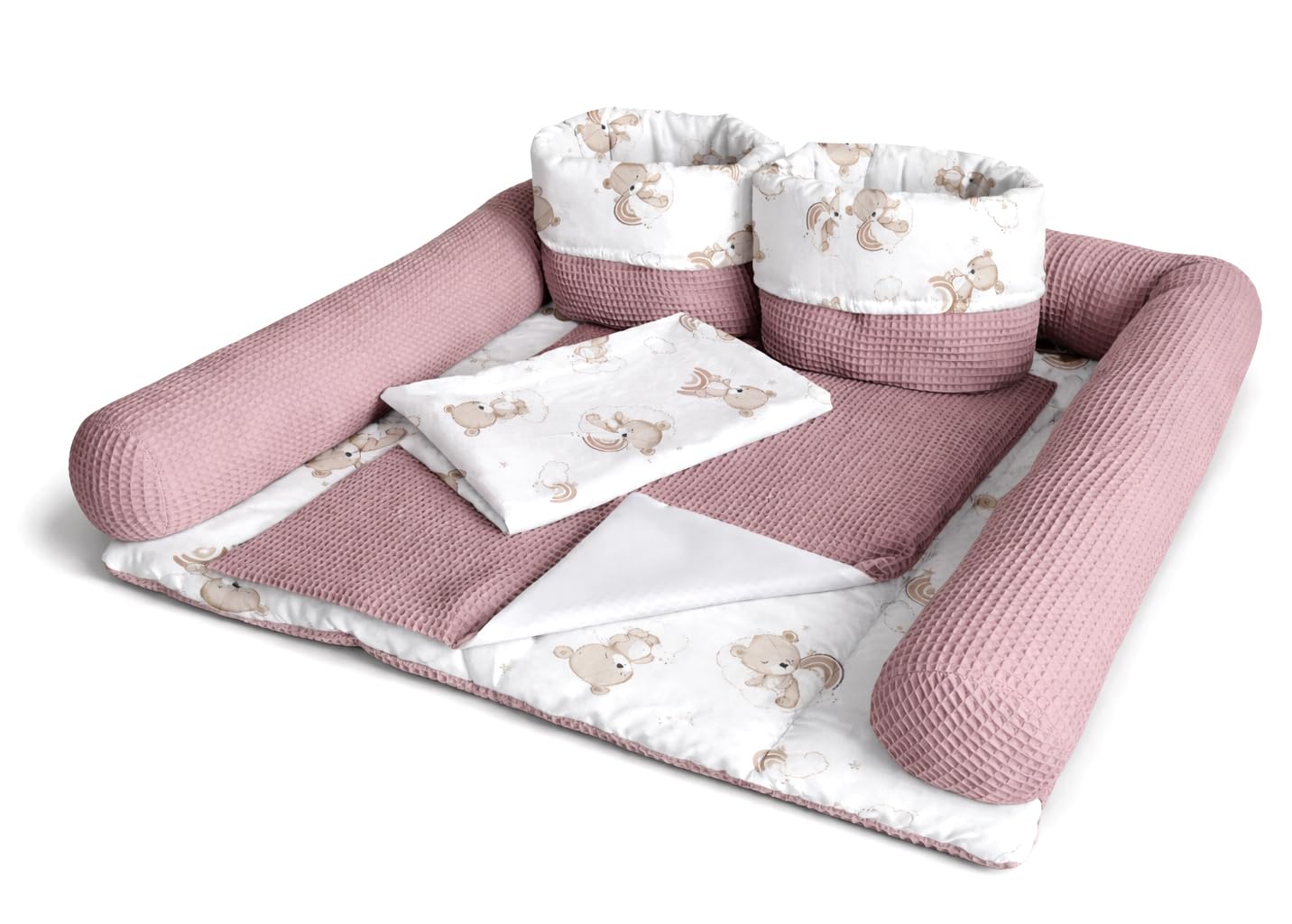 Wickelauflage Set 6-teilig – Wickelunterlage aus Baumwolle & Waffelstoff – Baby Wickelauflage – Geschenk zur Babyparty – Wickeltischauflage – 85x75 cm (Breite x Tiefe), Teddy und rosa