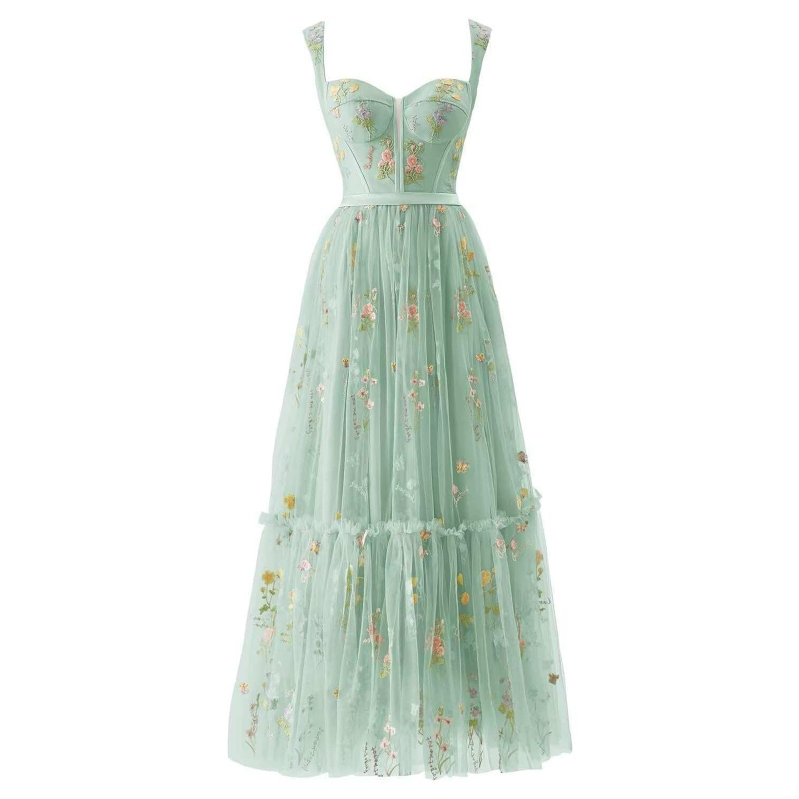 Vestido de Noche Formal para Mujer con Bordado Floral y Corte A en Largo Rodilla