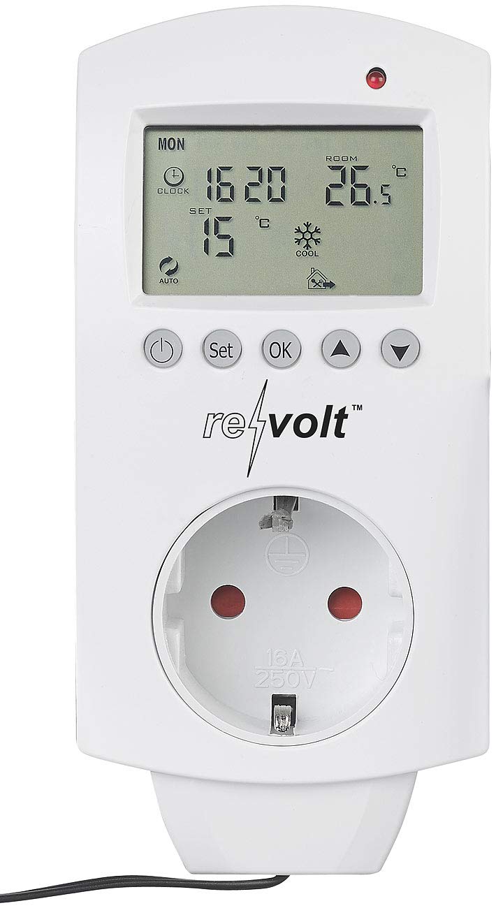 revolt Thermoschalter: 2er-Set digitale Steckdosen-Thermostate für Klimageräte, Sensor, 3680W (Steckdosenthermostat Frostwächter, Steckdosen-Thermostat mit Fühler, Steckdose Schalter)