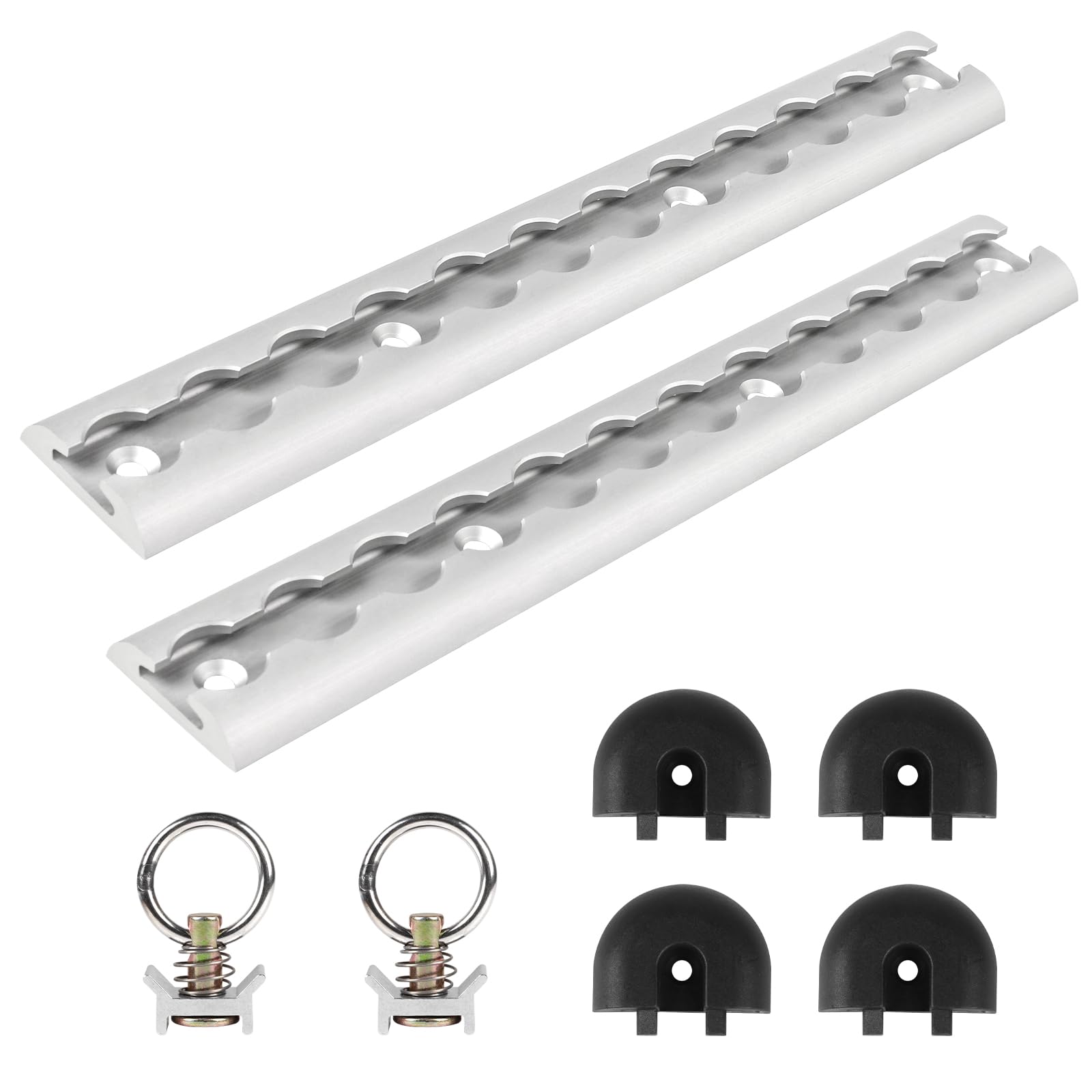 EXLECO 2pcs 30cm Rail D'arrimage Rond en Aluminium Rails Aero Argent, Anodisé Kit de Démarrage Rails D'aviation avec Anneau Arrimage & Embouts, Rail Aeronautique avec Trous pour Remorques Camions