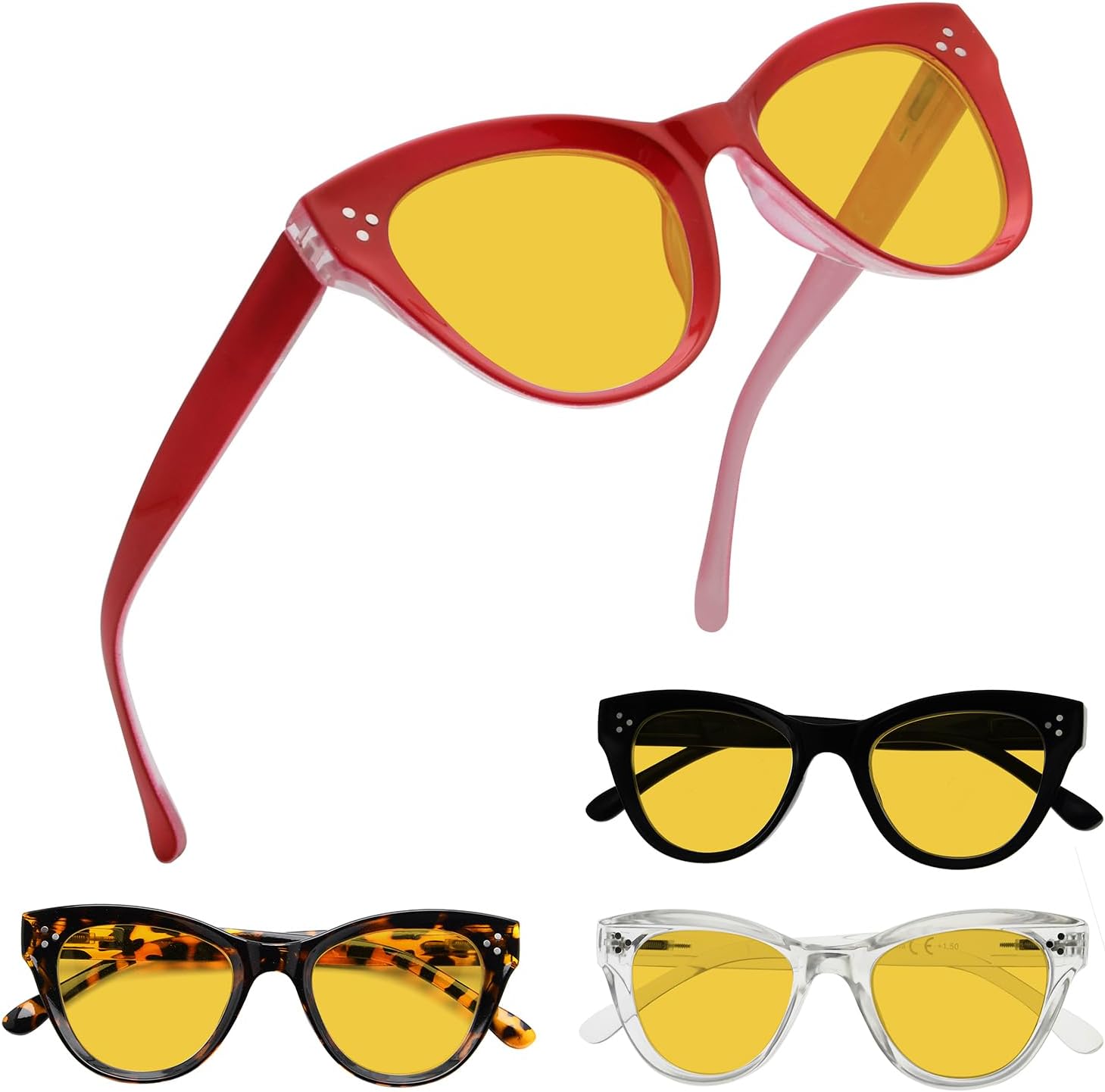 Eyekepper 4 Pack Oversized Blue Light Filter Glasses Women Cat Eye Computer Reading Glasses Amber Tinted +1.00