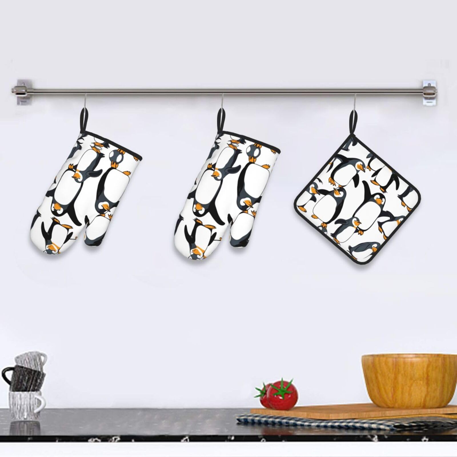Ensemble de gants de cuisine et maniques Pingouin - Isolation épaisse et anti-brûlure - 2 gants isolants et un tapis de couvercle