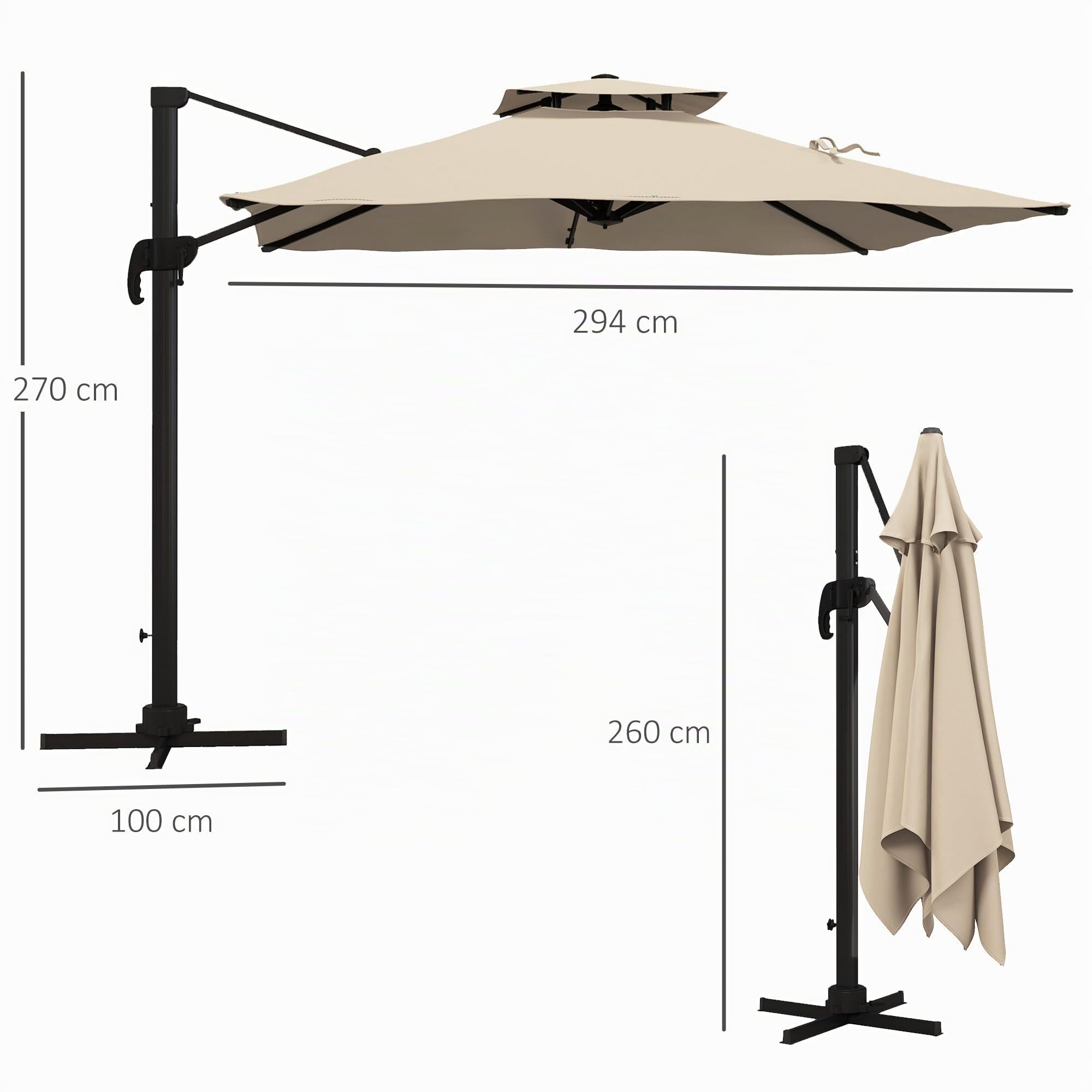 Outsunny Sombrilla de Terraza Exterior 300x300 cm de Aluminio Caqui | Con Manivela, Poste Giratorio 360°, Doble Techo, Inclinable en 6 Posiciones, Base Cruzada Incluida