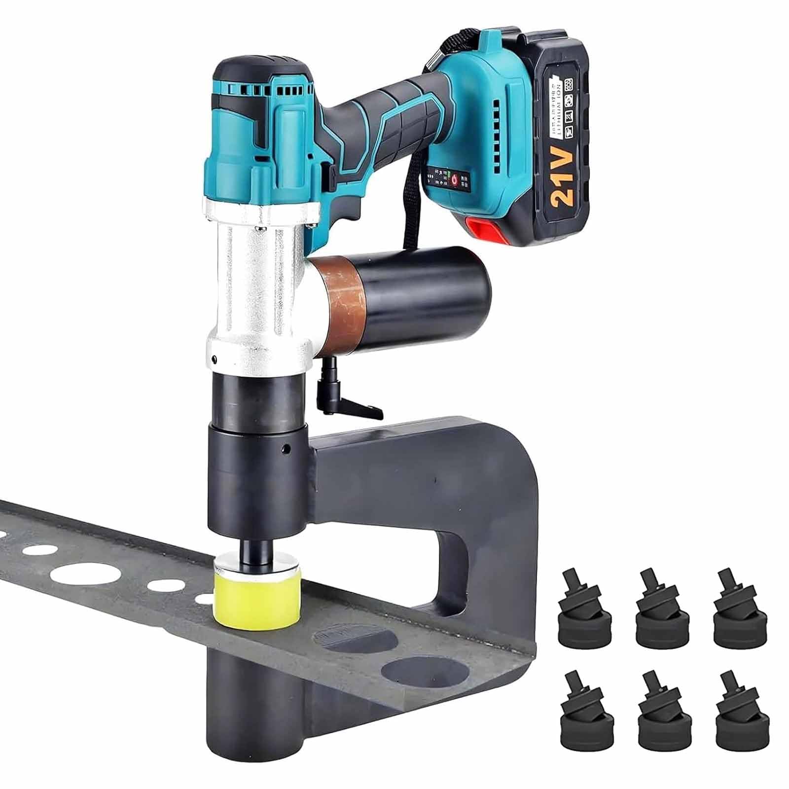 Zephperton Electric Hydraulic Hole Punch Tool, Hydraulic Wire Crimper With 6 Punch Dies And Dual Lithium Batteries, 70Mm Deep Throat, 3-5S Quick Hole Drilling For Metal Plate, Iron, Aluminum