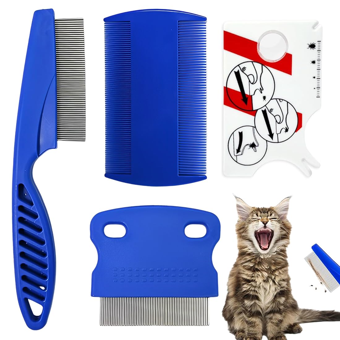 WeddHuis Set de 4 peignes anti puces pour chats et chiens, avec clip à tique, dents en métal, outil d'épilation multifonctionnel pour chiots et chatons (Acier inoxydable)