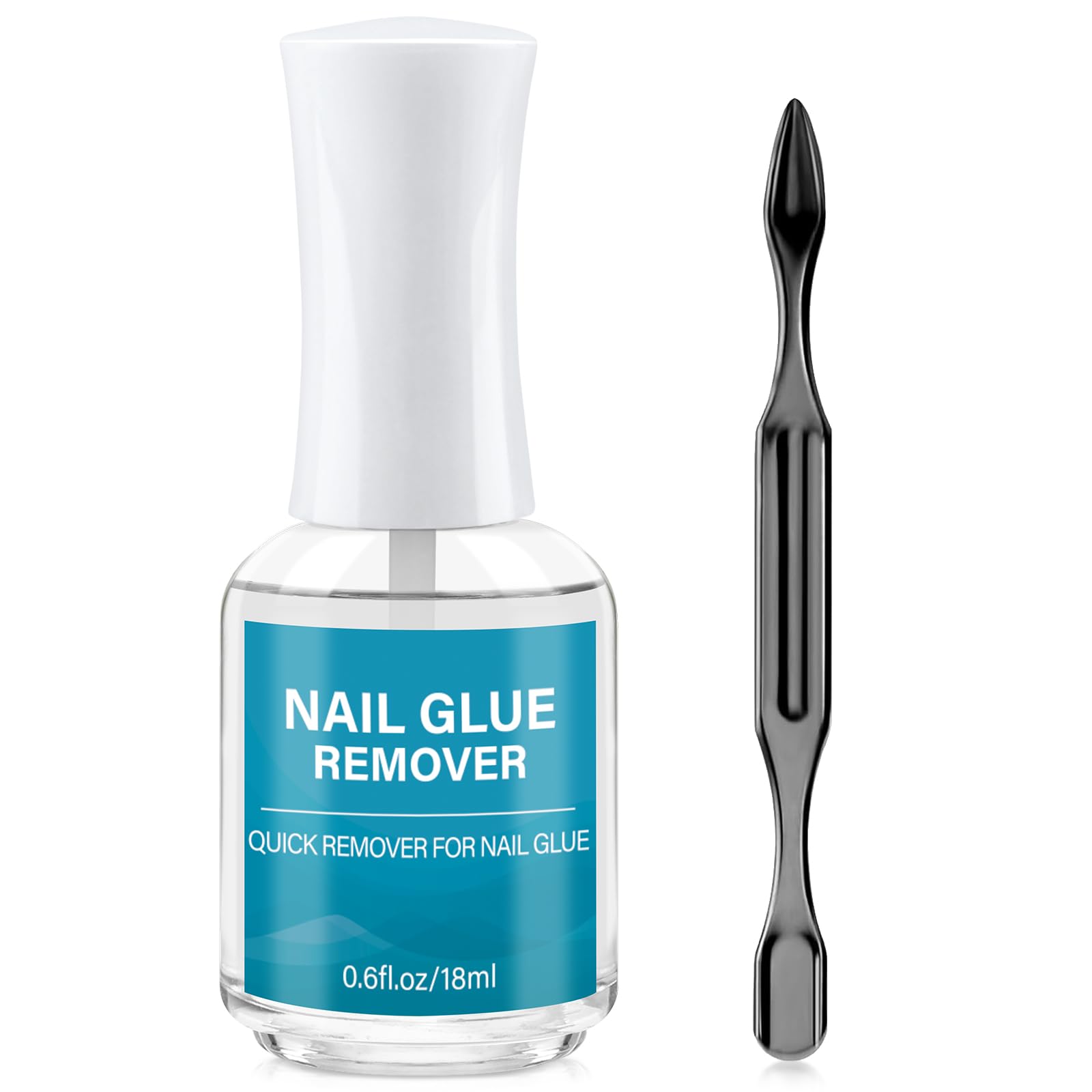 Nail Glue Remover for Press-On Nails with Cuticle Pusher,0.6 fl.oz/18ml，Qucikly Removes Debonder for Glue on Nail Tips, Not for Gel Polish and UV Gel Glue