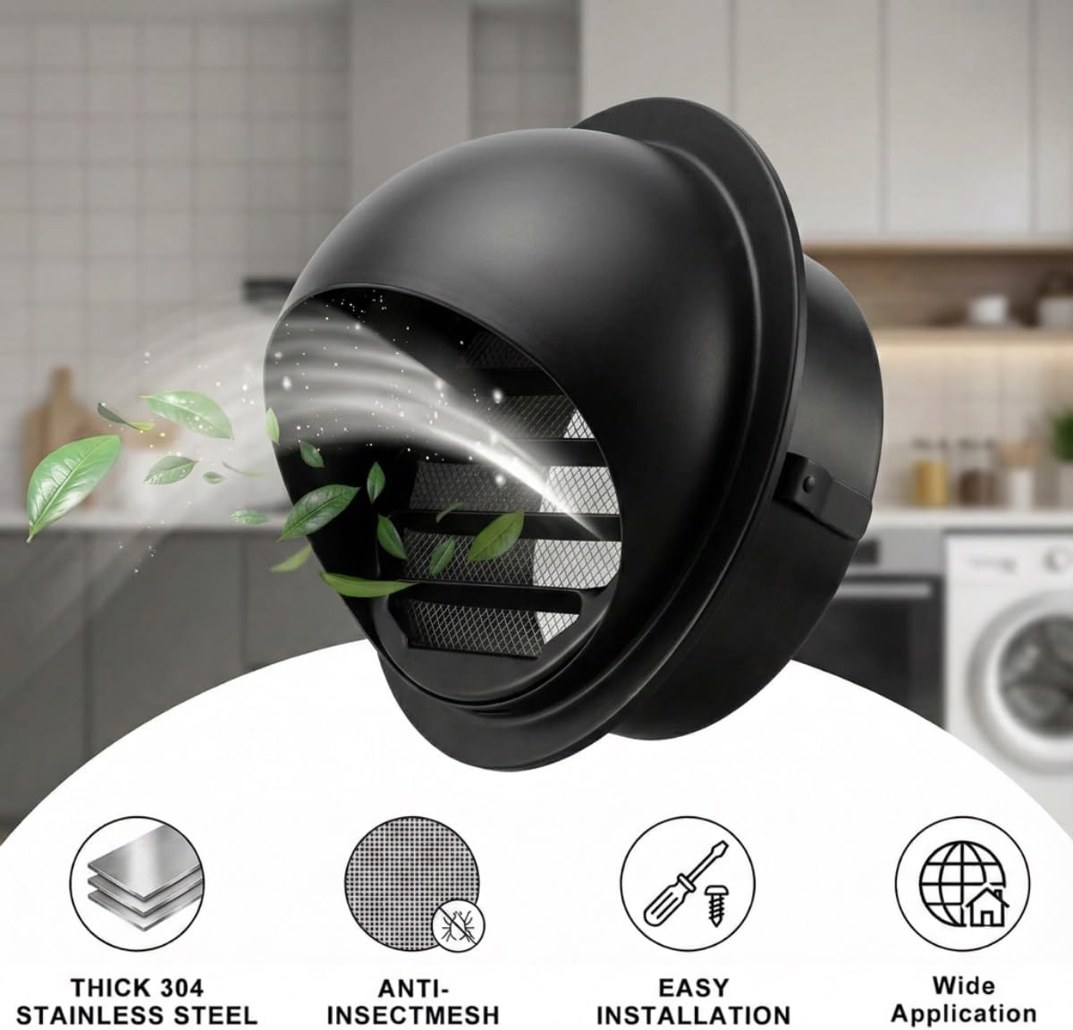 6 Inch Round Vent Cover, Metal Dryer Vent Cover, Black 304 Stainless Steel Air Vents for Wall, Soffit Exhaust Vents Grille Outside, Quick Snap in Insert Plus Free Gloves(180mm/7.1in)