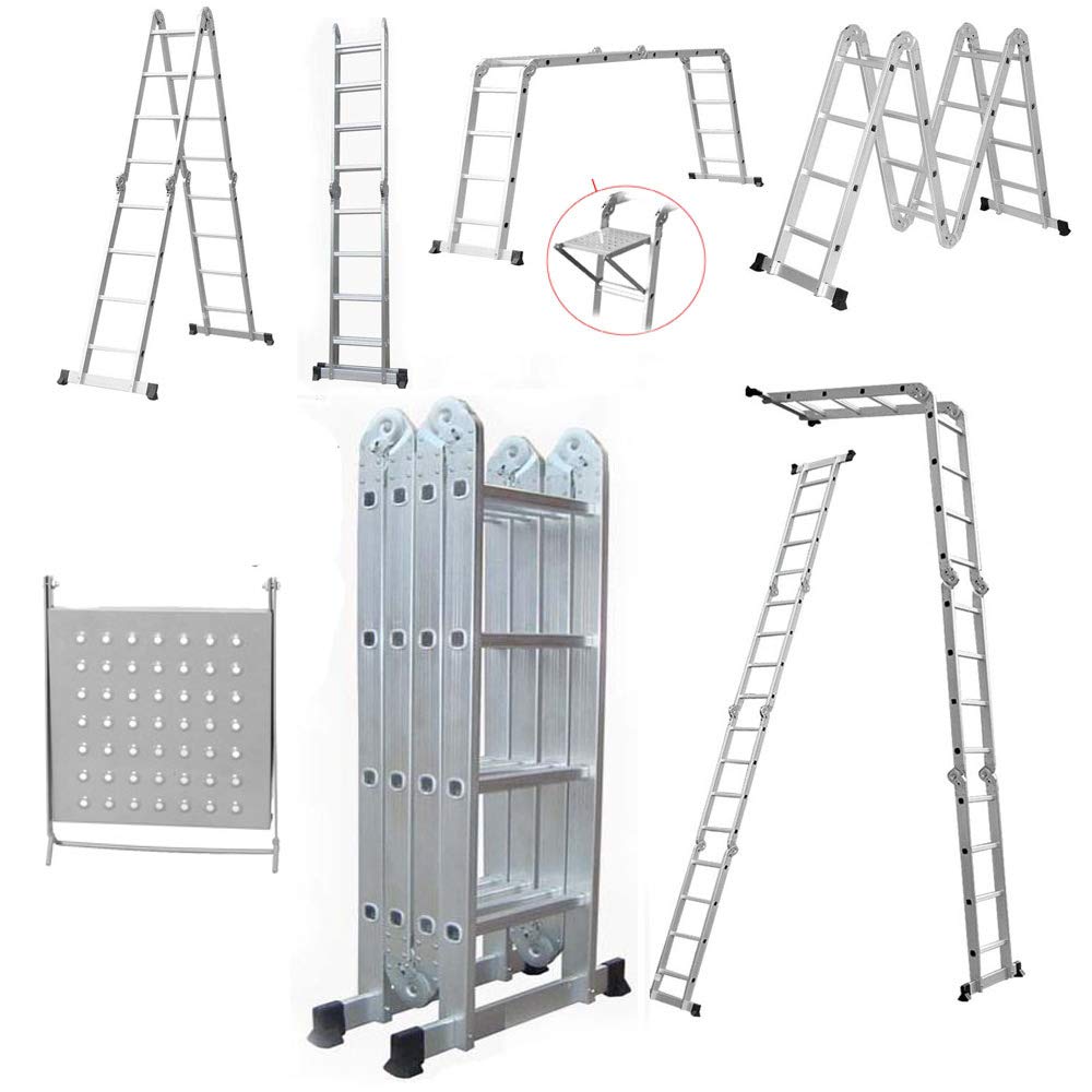 Autofu Silver 4.7M Multi Purpose Ladder Folding Aluminium Ladders A-Frame Multi-Function With One Tool Tray Max Load 150Kg/330Lbs For Outdoor And Indor Use