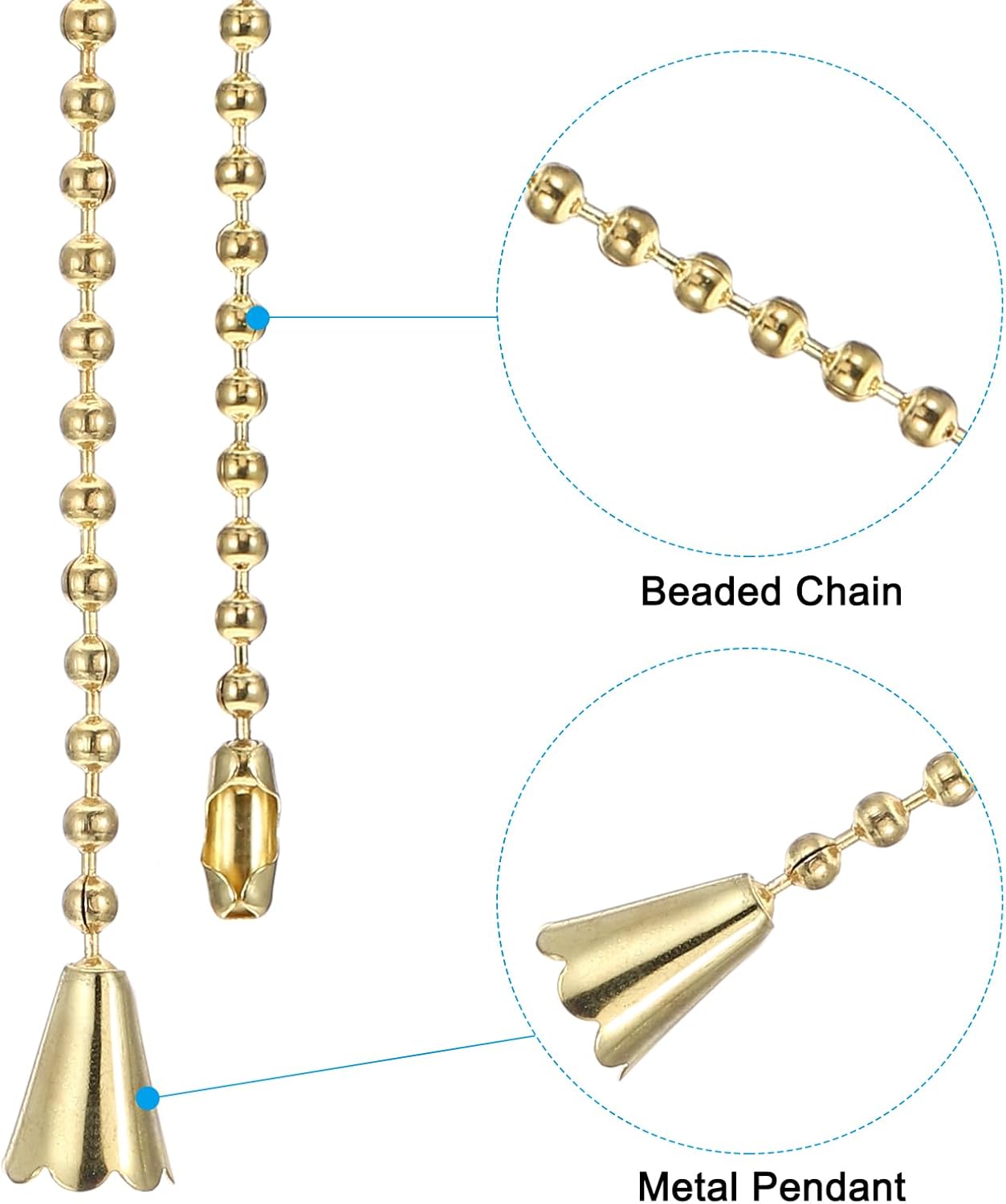 PATIKIL 1M 3.3ft Ceiling Fan Pull Chain, 2 Pcs Beaded Pulls Cord Extender Conical Pendant for Fan Light Chandelier Table Lamp Pulling Switch, Gold Tone