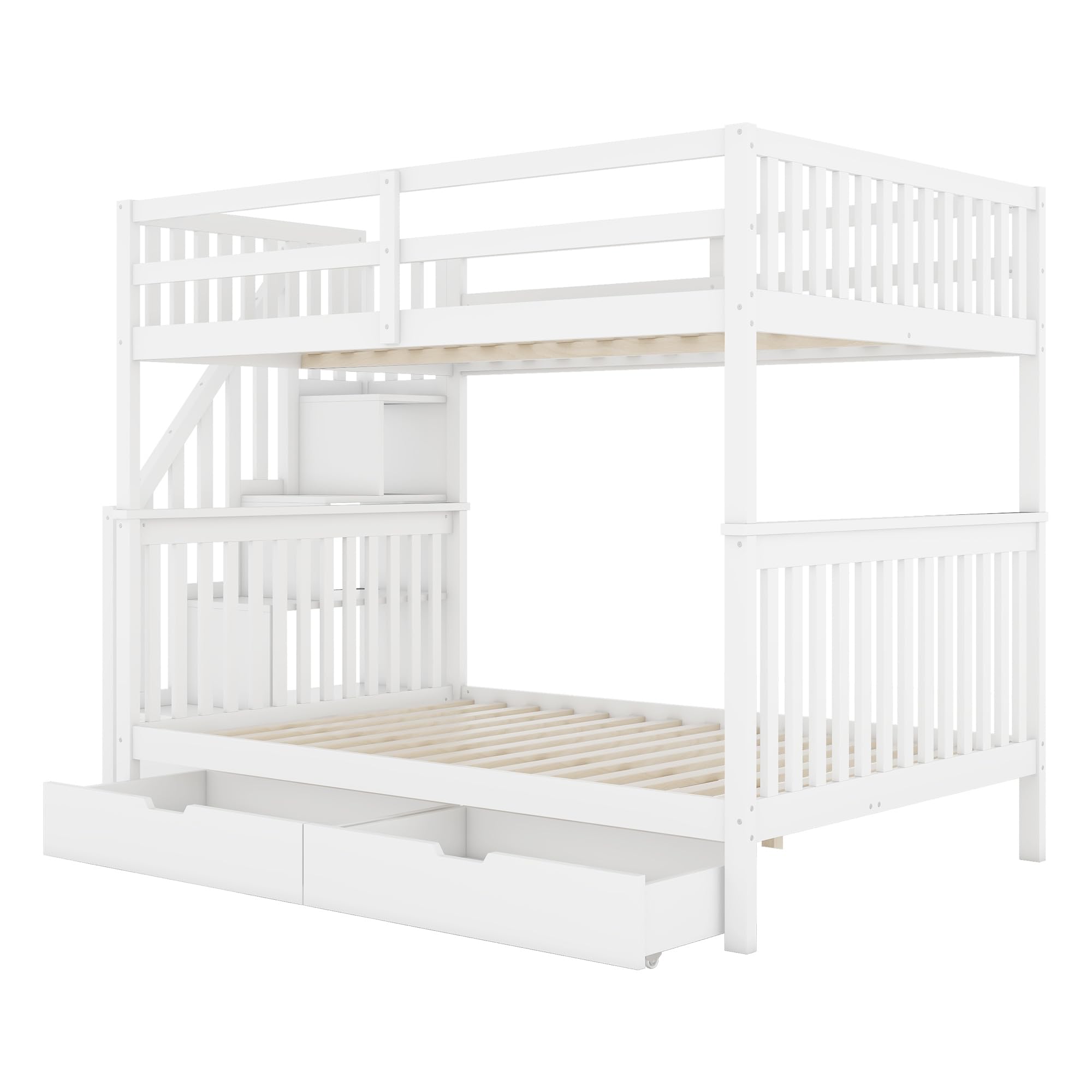Rtopsu Letto a Castello 140x200 cm, Letto per Bambini con Scale e 2 Cassetti Contenitore, Letti Ragazzi con Protezione Anticaduta e Ripiano Portaoggetti, Letti con Rete a Doghe, Bianco Senza Materasso