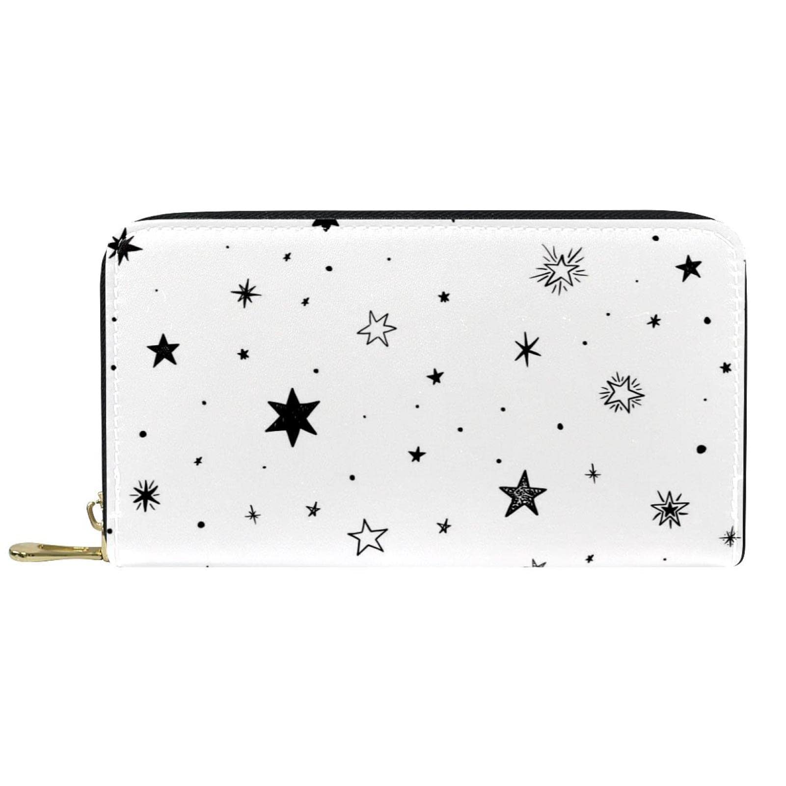 Cartera de piel con cremallera y fondo blanco con estrellas negras, Varios colores, 20.5x2.5x11.5cm/8.07x1x4.53 in, Classic