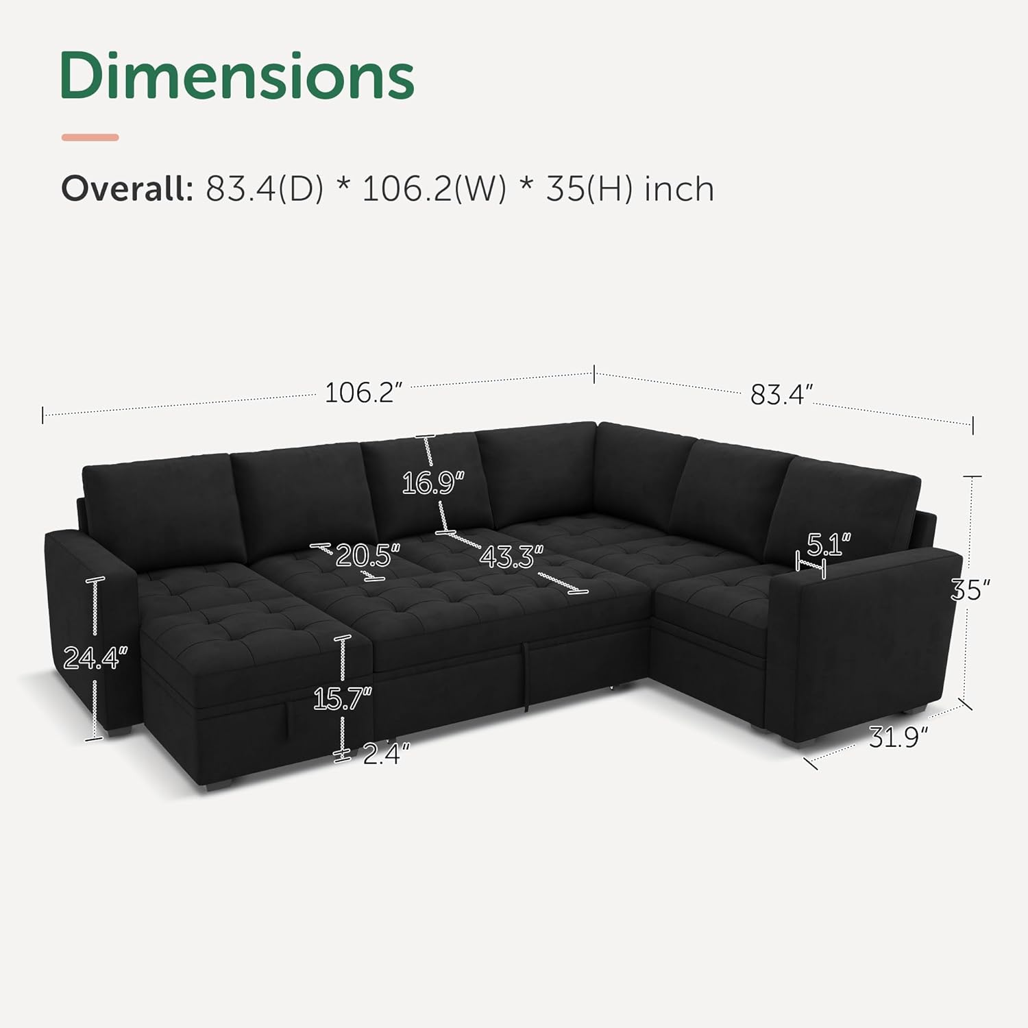 honbay modular sectional sleeper sofa with pull out bed, velvet convertible l shaped couch with storage seat, sectional couches for living room, black black sleeper sofa 2
