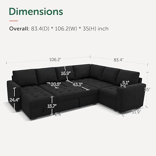 Miniatura 2 de HONBAY Sofá cama modular modular con cama extraíble, sofá convertible en forma de L de terciopelo con asiento de almacenamiento, sofás seccionales