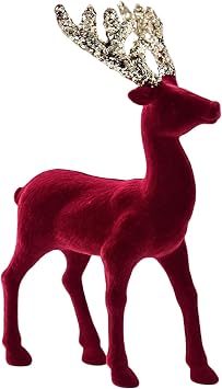 Christmas Reindeer Figurines with Glittered Antlered, Red Flocking Deer Decorations, Artificial Animal,Tabletop Ornament Home Decoration, Table Centerpieces Velvet Reindeer Statue Decor