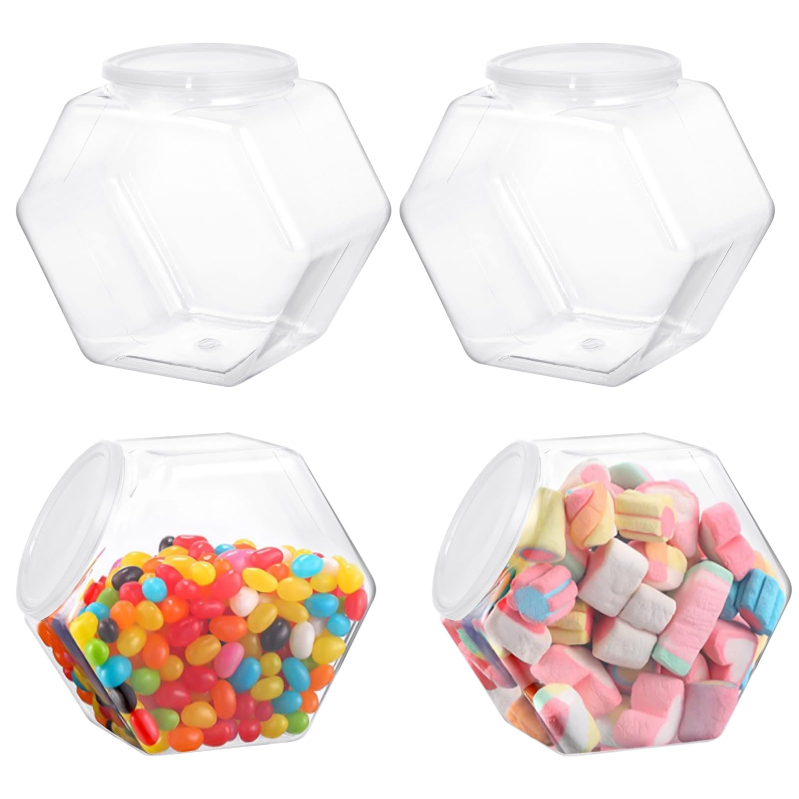 4 PCS Hexagon Plastic Jars Clear Cookie Jars with Airtight Lids, Candy Jars, Wide Round Mouth Snacks Dog Food Candy Containers, Reusable Coffee Candy Display （72oz）