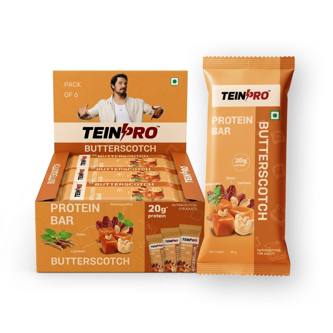 TeinPro 20g Protein Bar | Butterscotch | No Palm Oil | 8g Fiber | Pack of 6 | Protein Blend | No Added Sugar | Ashwagandha & Rosemary Infused | 100% Veg-image-26