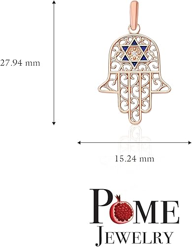 Miniatura 5 de Pome Hamsa - Collar con colgante de mano con piedra de diamante en oro macizo de 14 quilates esmalte azul fabricado en Estados Unidos