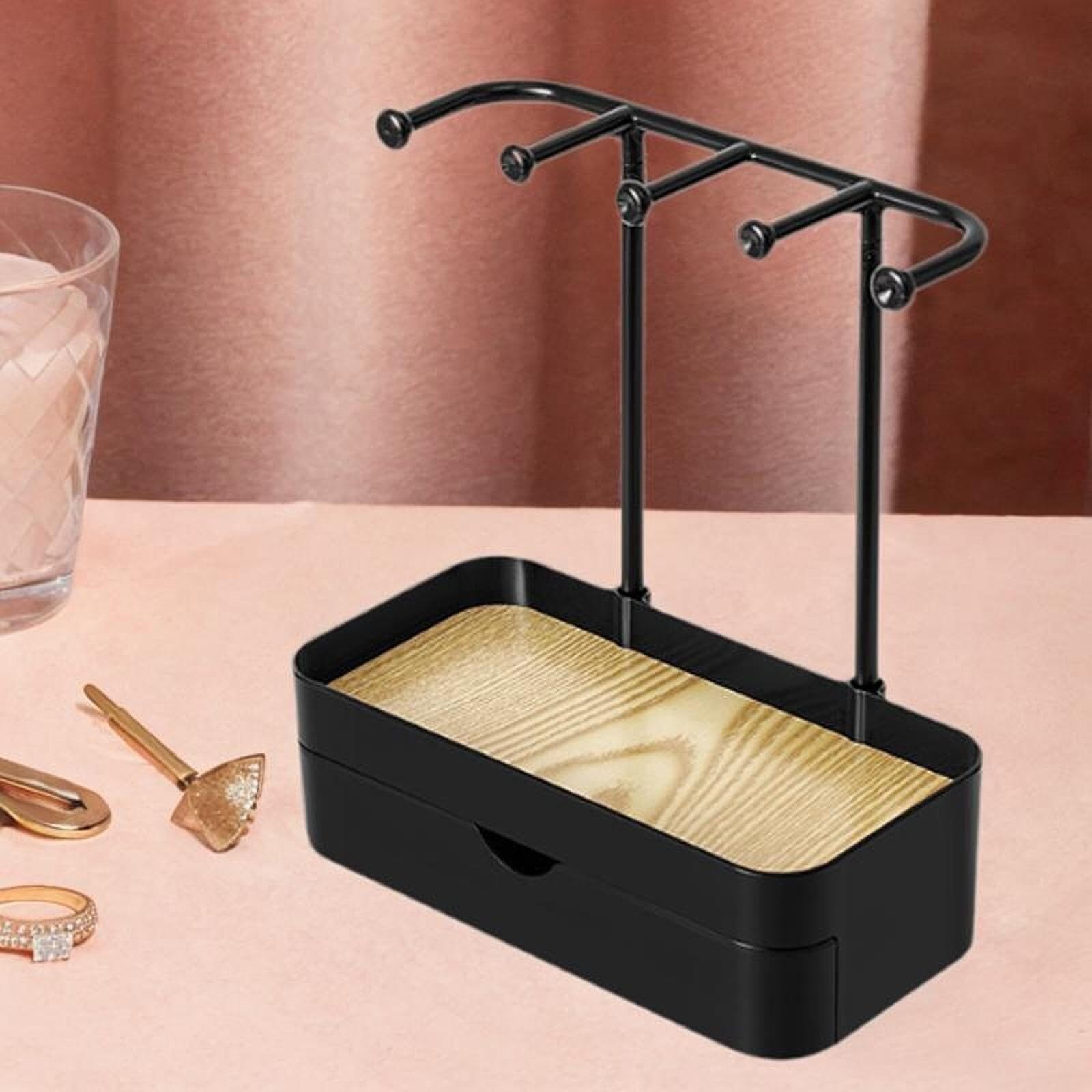 CVdrtyED Vanity Jewellery Stand Display Jewelry Display Stand Storage Drawer Box With Wooden Tray Hanging Hooks Photography Props(Black)