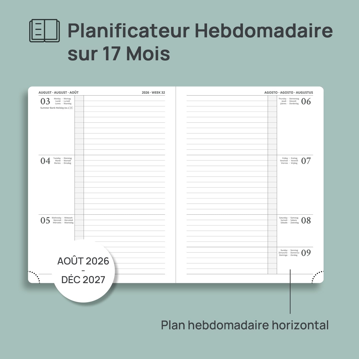 POPRUN Agenda 2026 2027 Semainier 22,5 x 16,5 cm Couverture Rigide Vert Militaire
