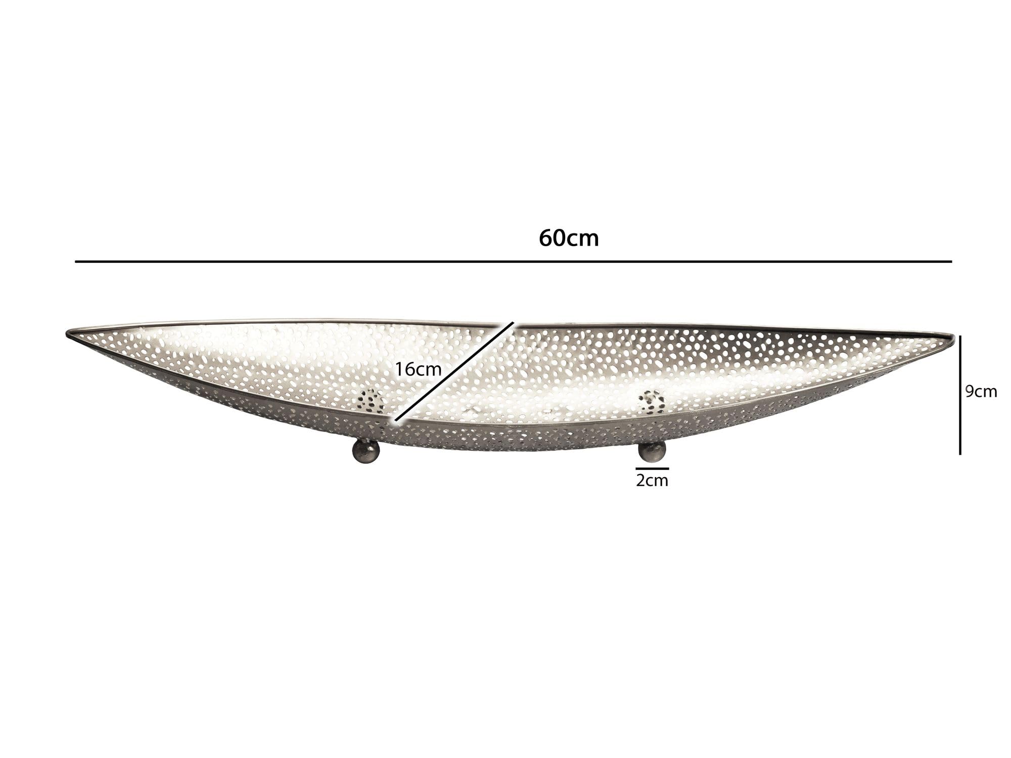 FineBuy Miska na owoce 60 x 16 x 9 cm Aluminium Srebrny Handmade | podłużny kosz na owoce w kształcie łodzi, ręcznie wykonany metalowy kosz, ażurowa miska, dekoracja stołu do kuchni