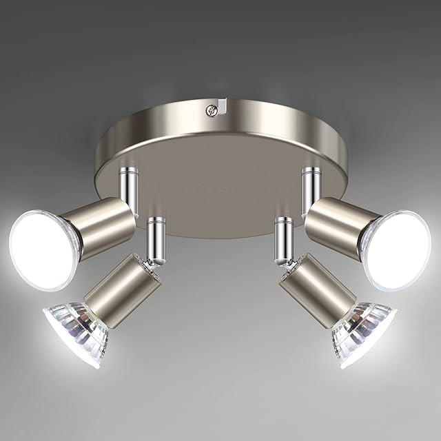 Unicozin 4 Way LED Ceiling Light, Round Plate Ceiling Spotlight, ø180mm, Brushed Nickel, Included 4 x 4W GU10 LED Light Bulbs (450LM, Cool White), Spotlight Lamp for Bedroom Kitchen Living Room