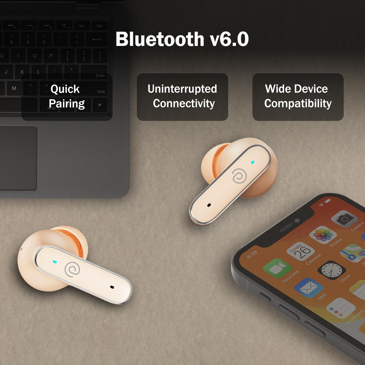 pTron Bassbuds Eon in-Ear TWS Earbuds w/ 13mm Drivers, 45Hrs Playtime, Dual HD Mic & TruTalk AI-ENC Calls, Custom EQ,Mobile App, Bluetooth v6.0 Headphones,Voice Assist., Type C Charging & IPX5 (Peach) — Amazon image 8