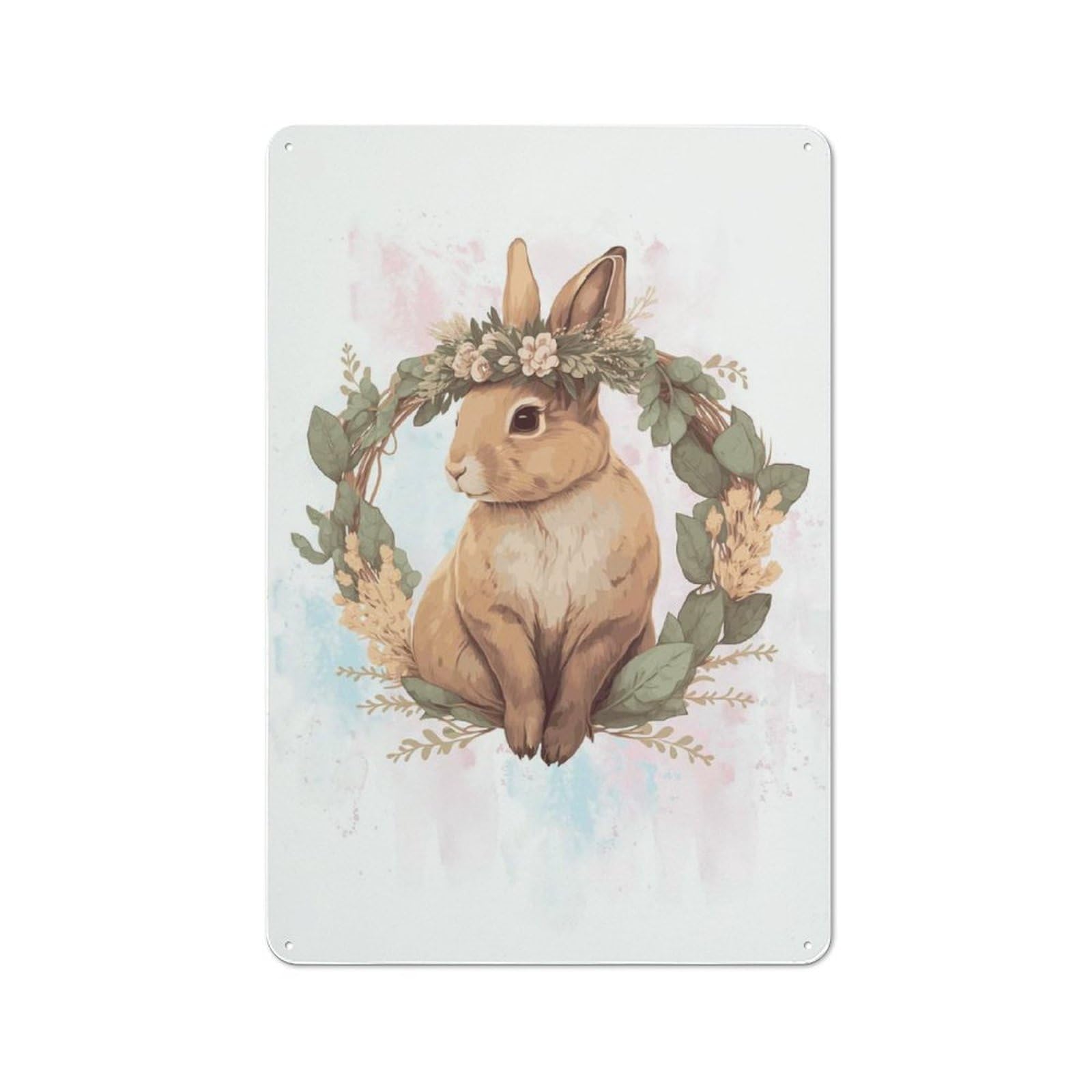 Junmoney Style-20 Tin Wall Plaque 30X20cm With Floral Watercolor Rabbit For Café Or Restaurant, Suited To Restaurant Decor Fans