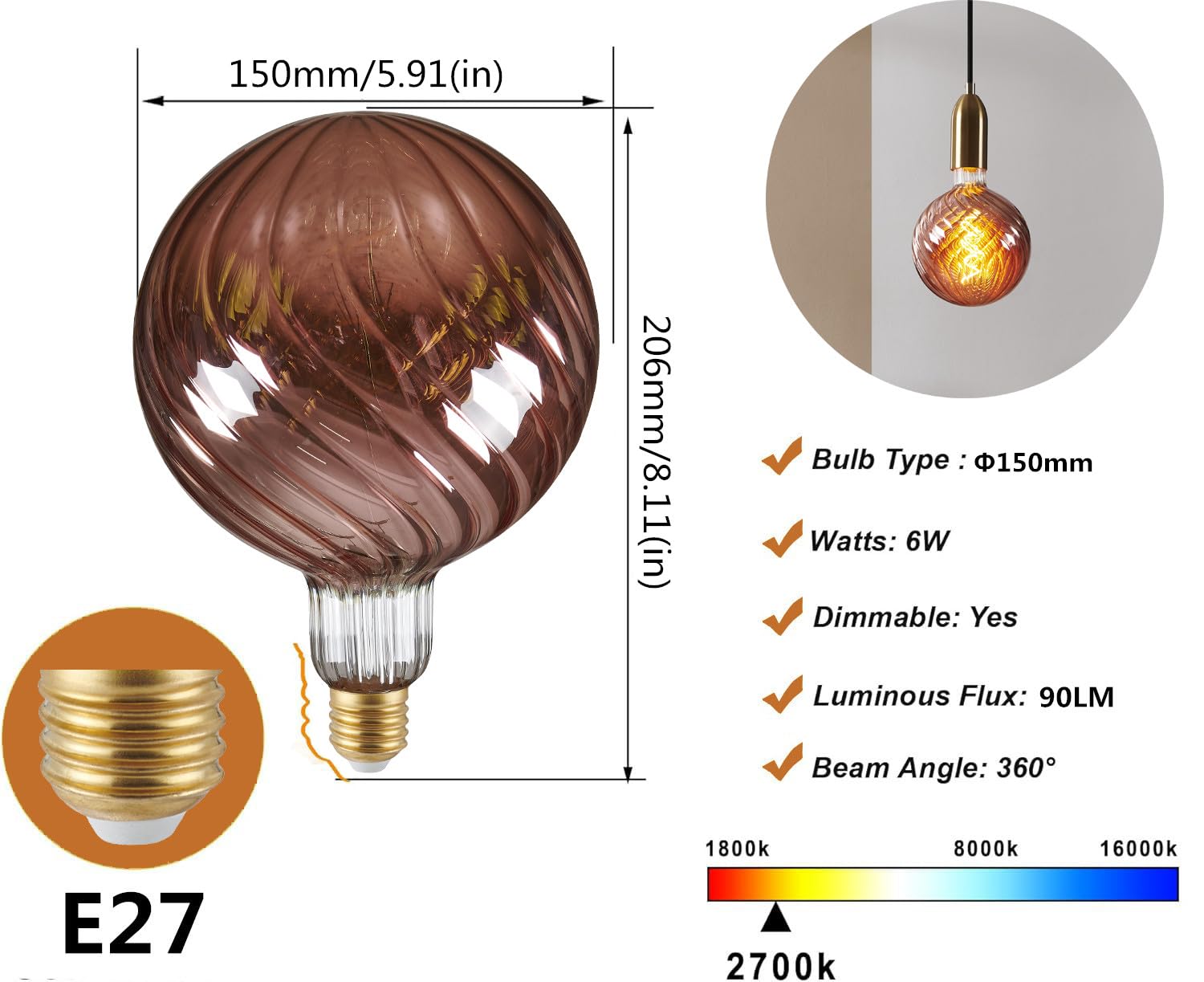 Lampadina LED Decorativa Gigante E27, 6W Dimmerabile, Vetro Rivestito Oro Rosa (⌀150mm), Indice Resa Cromatica >90, Luce Bianco Caldo 2700K