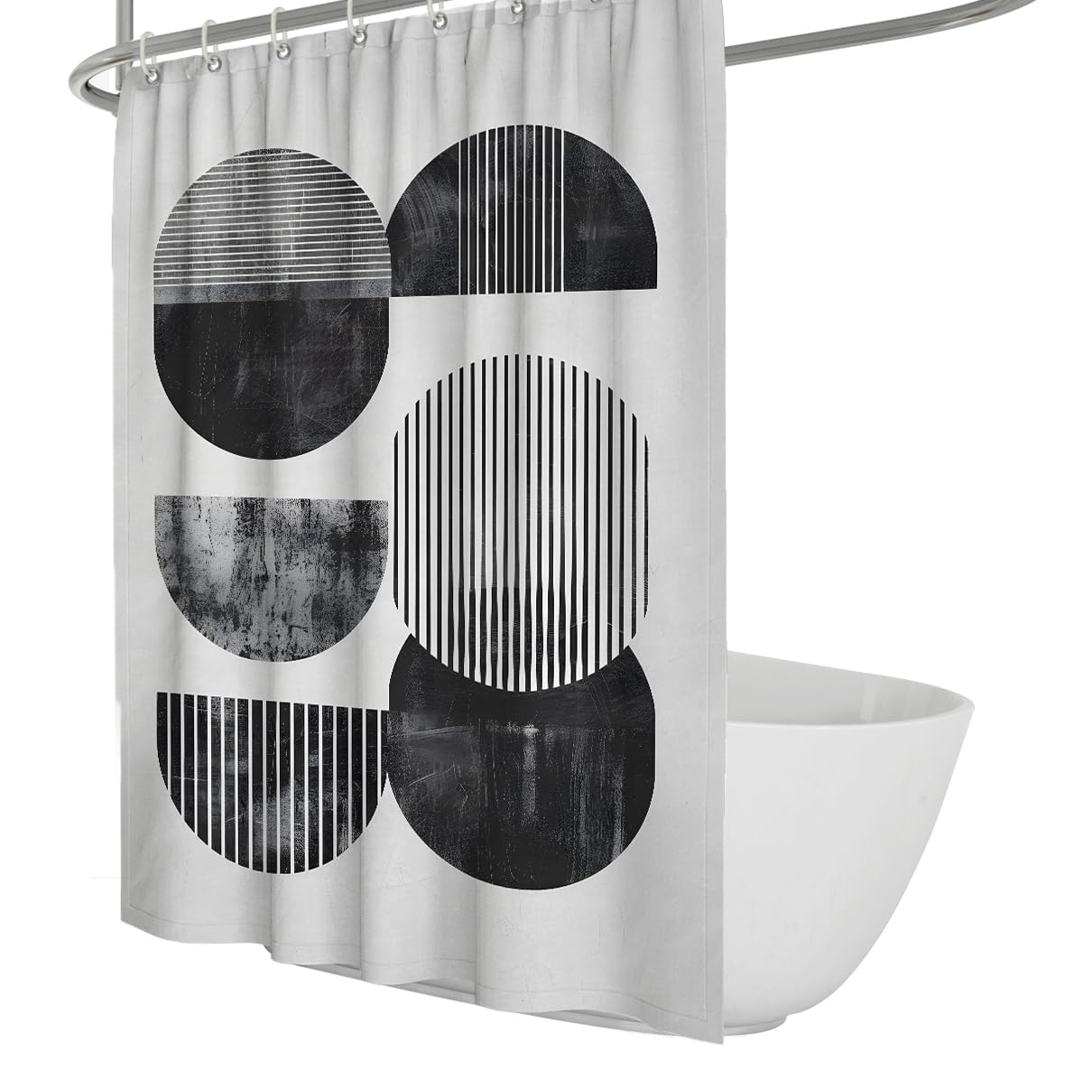 UIRINGART Abstract Shower Curtain W180xL200cm Black Stripe Circle Geometric Shapes Art Machine Washable Easy to care Polyester Bathroom Bathtub with Rustproof Grommets