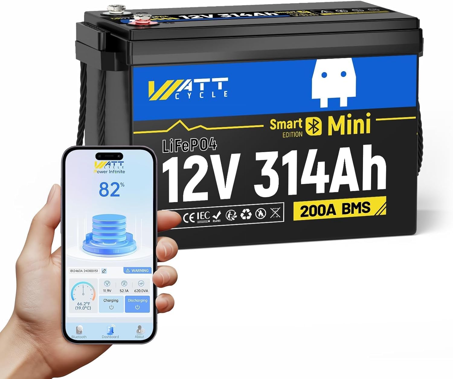 Wattcycle 12V 314Ah Mini LiFePO4 Battery 200A BMS Bluetooth 4.01kWh