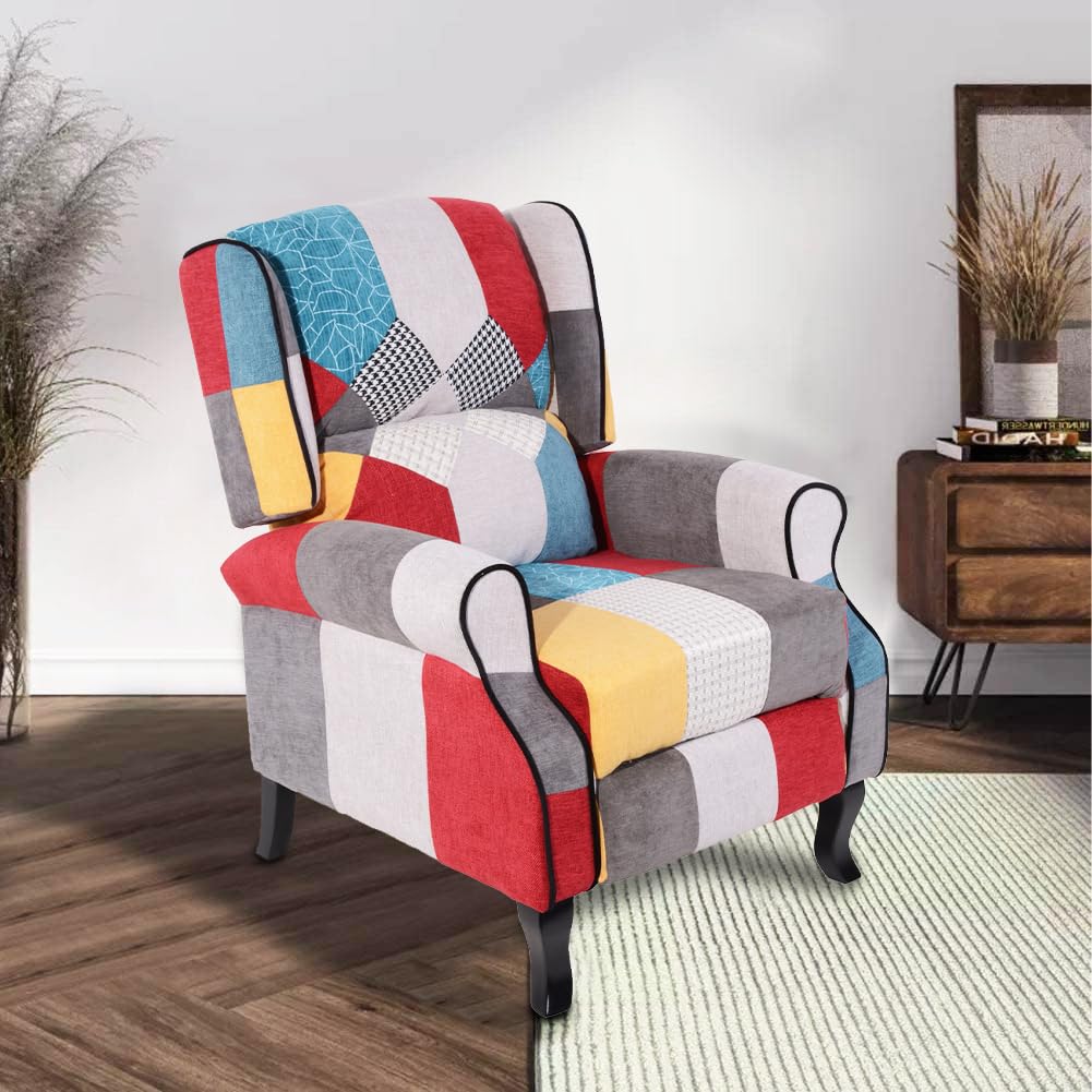 BAKAJI Fauteuil inclinable revêtu et rembourré avec Motif Patchwork, Style de Touche, décoration de Maison, idéal pour Lecture et Repos, Dossier Confortable Ergonomique pour Posture Droite (Marron)