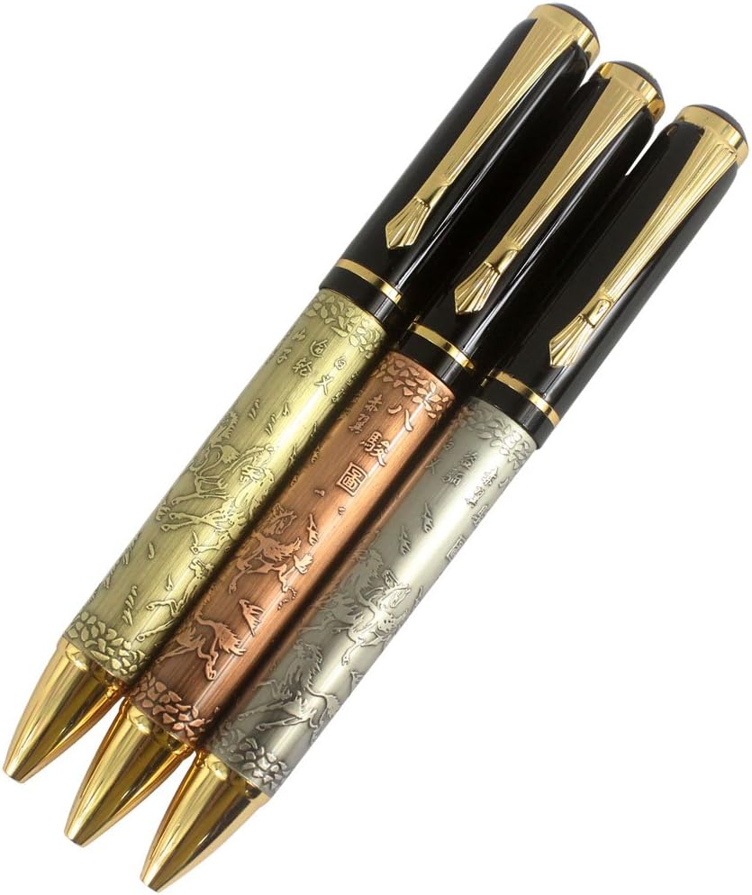3 PCS Hillento 507 Classic Chinese Eight Horses Embossing Pattern Ballpoint Pens in 3 Colors