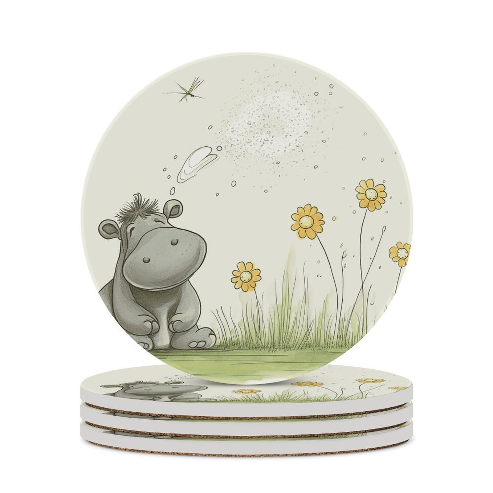 Hippo and Dandelion Coasters for Drinks Absorbing Round Ceramic Stone Coaster with Cork Base Coffee Cup Beverage Table Cup Mat Modern Style Bar Coaster Set for Home Decor