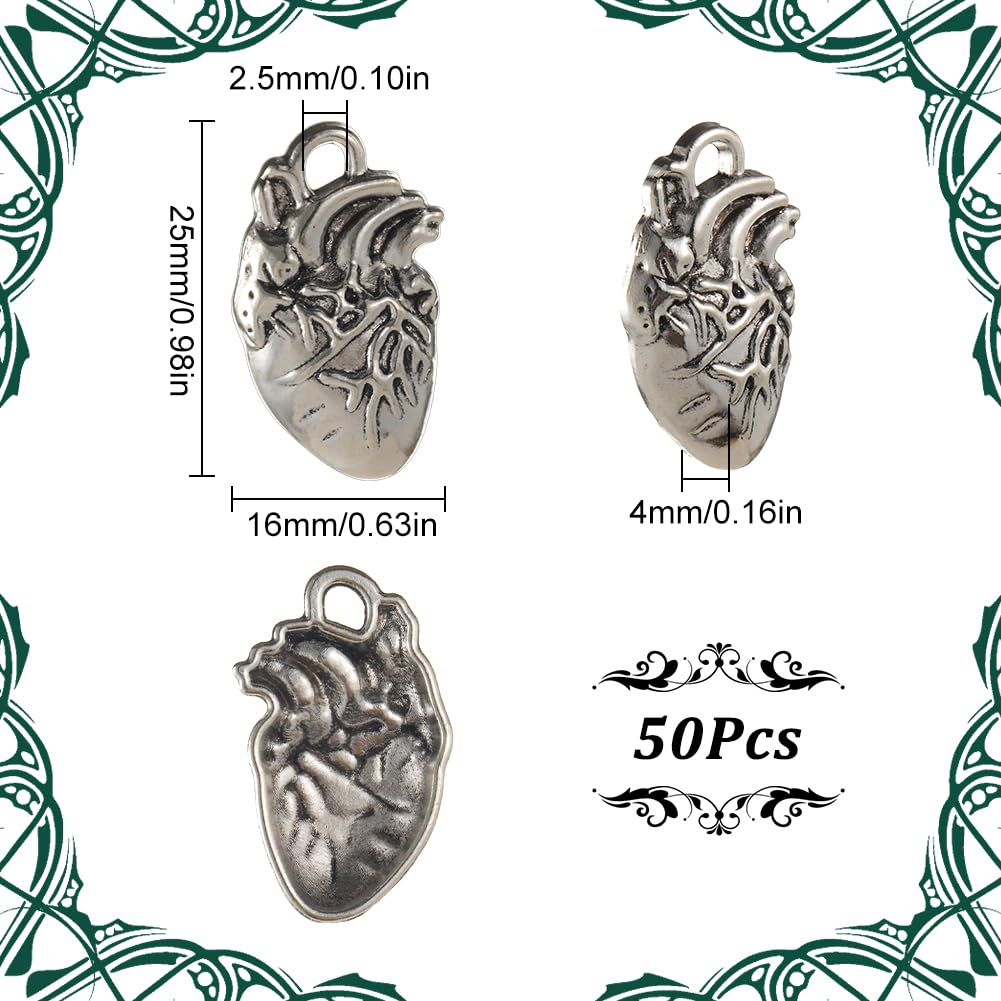 SUNNYCLUE 1 Box 50Pcs Gothic Heart Charms Bulk Silver Hearts Charms Tibetan Style Alloy Pendants Metal 3D Anatomical Organ Halloween Charm for jewellery Making Charms DIY Necklace Earrings Women Adult - Image 2
