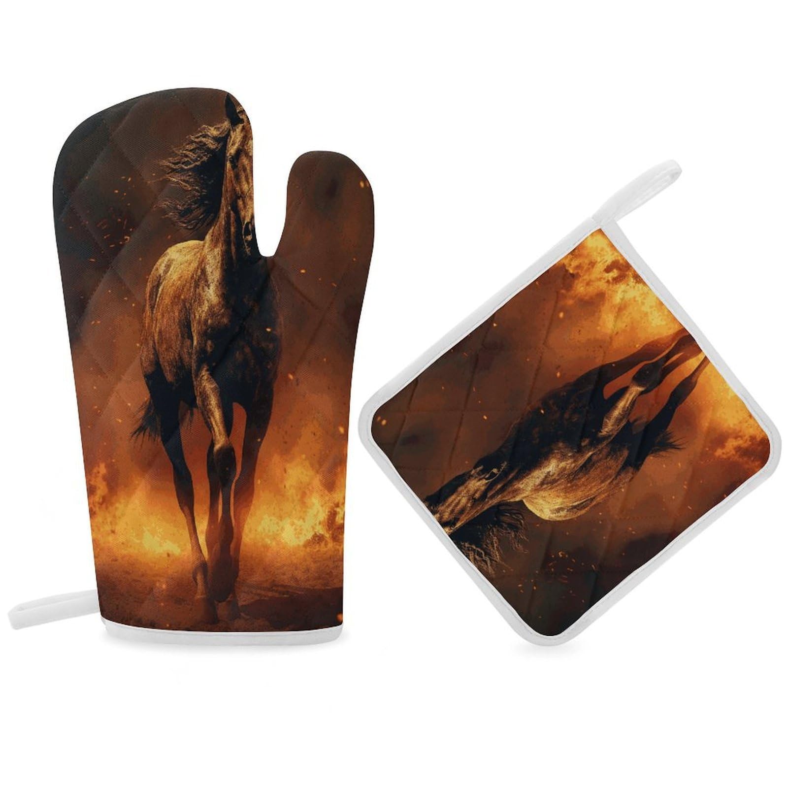 Fodpand Women's Style Flame Horse Oven Mitts And Pot Holders Sets,Oven Gloves For Kitchen Oven Mitts And Potholders For Baking Cooking Grilling Apartment Essentials