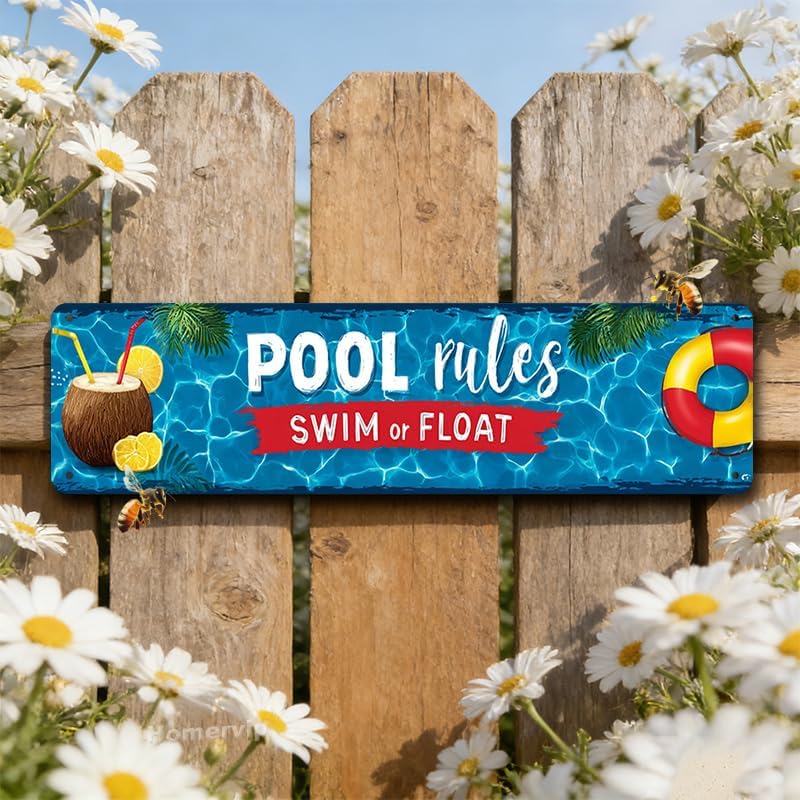 Decorative Tin Sign Pool Rules Swim Or Float Coconut Drink Lifebuoy Tropical Summer Poolside Style Metal Wall Art Aluminum Rustproof Corrosion Resistant for Backyard Patio Pool 4 * 16Inches image 3