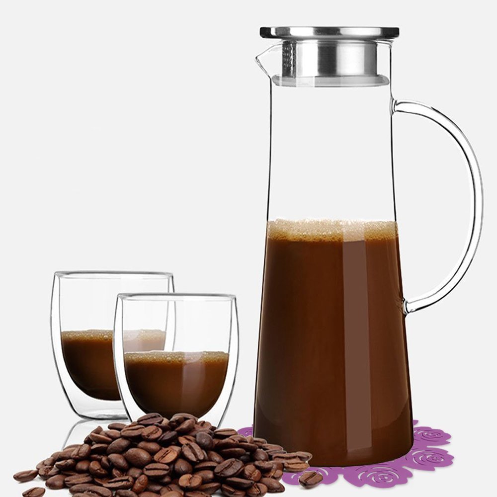 ONEISALL 1.5L Glass Water Pitcher, Ice Cold Juice Carafe with Stainless