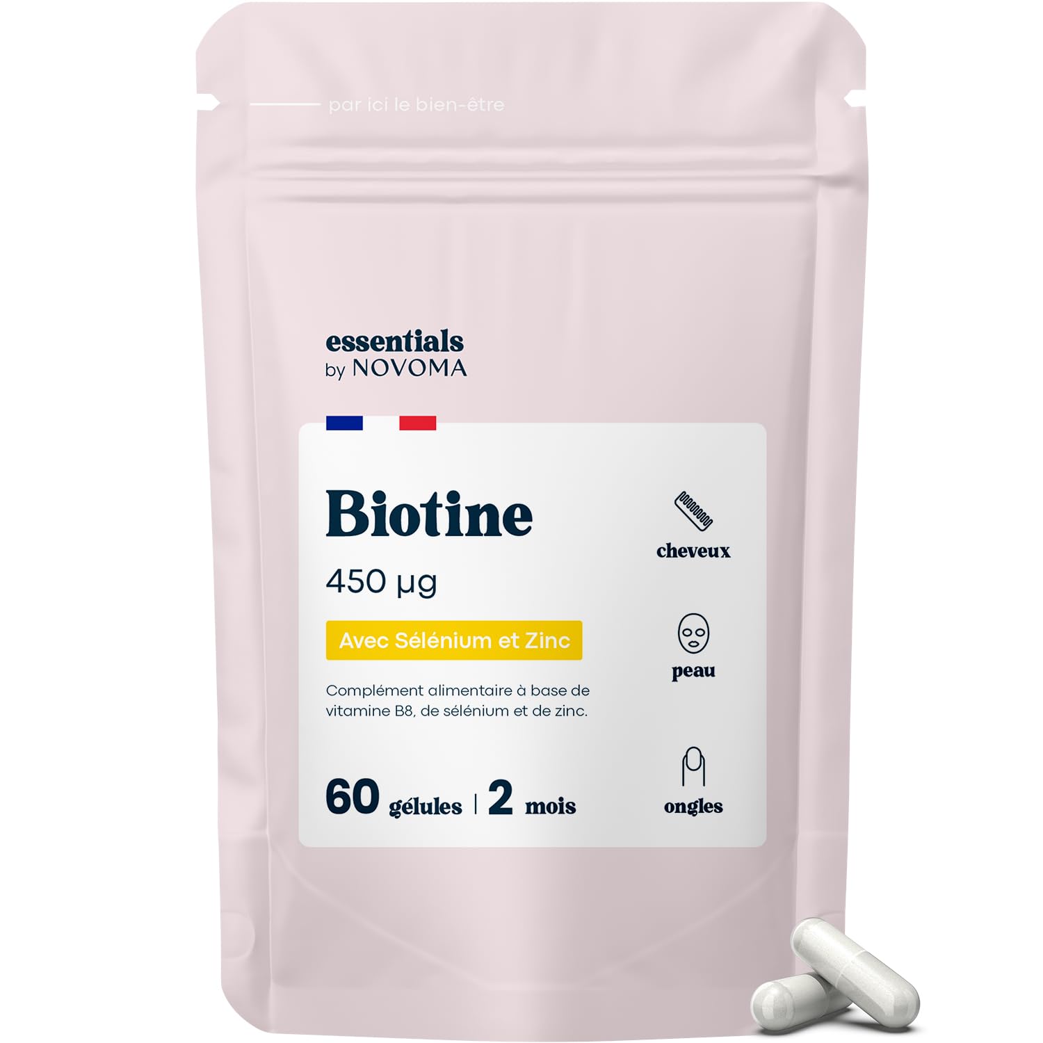 Biotine avec Sélénium et Zinc, Accélère la Pousse des Cheveux, Cure de 2 mois, 60 Gélules Végétales, Complément Alimentaire de Vitamine B8, Fabriqué en France, Essentials by Novoma Essentials By Novoma - 60 Gélules