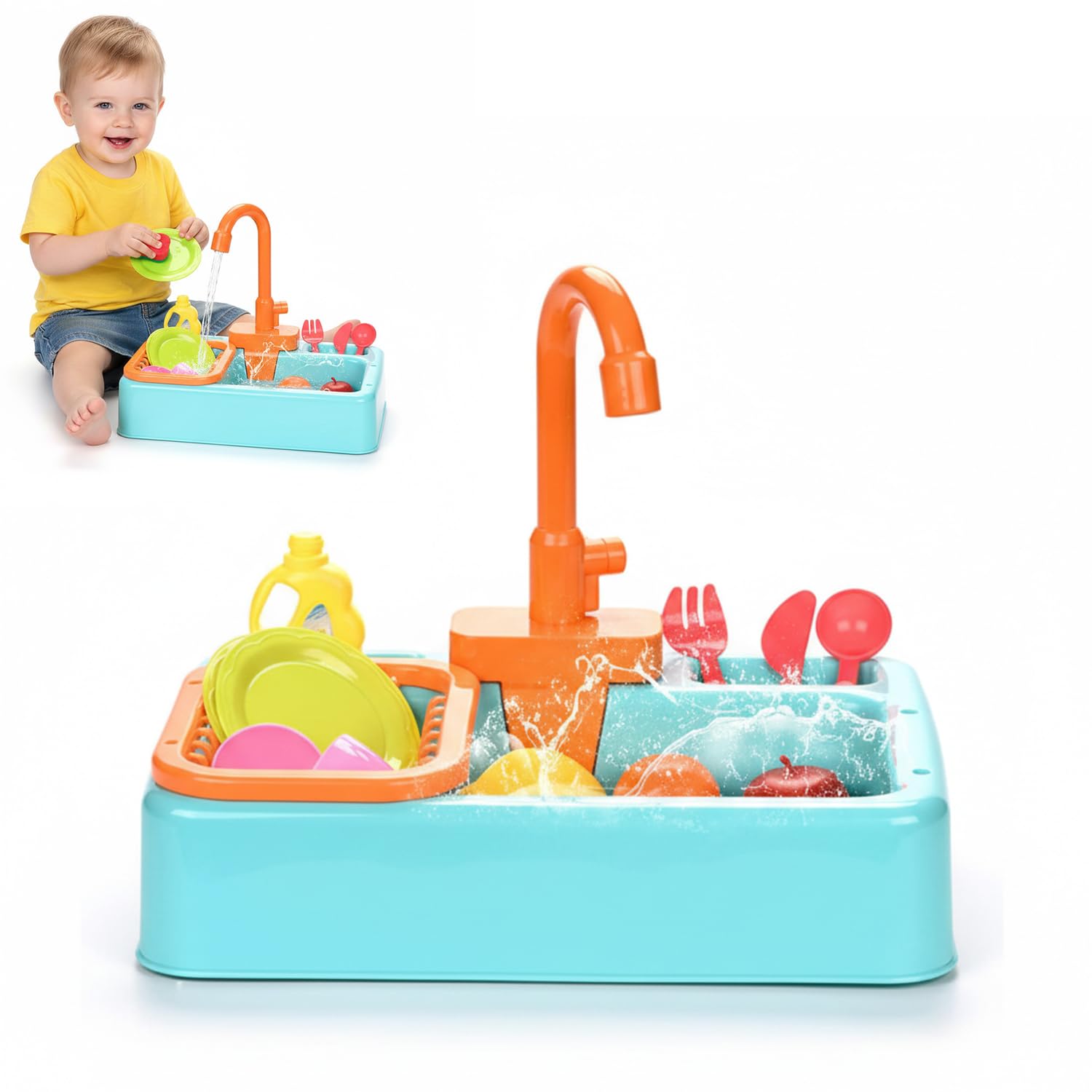 AMERTEER Kitchen Sink Toy Water Playset with Cooking Stove, Play with Running Water, House Wash Up Kitchen Set with Realistic Light & Play Dishes Accessories for Girls Boys Kids 3-7 Years Old (Blue)