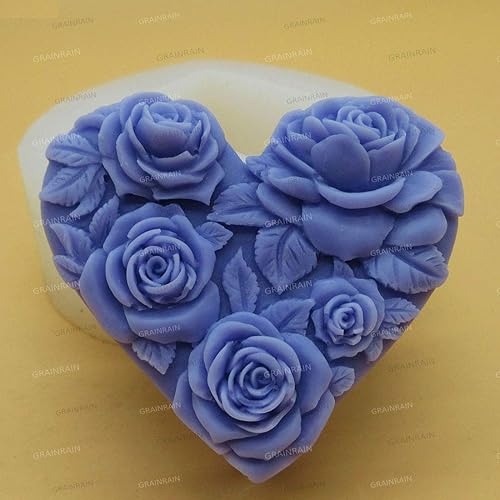Miniatura 3 de Grainrain Molde de jabón de silicona hecho a mano para velas 3D de resina para jabón hecho a mano, corazón, rosa flor (14164