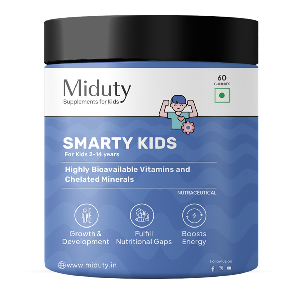 Miduty Smarty Kids - Multivitamin Gummies - Chelated Minerals, Iron & Vitamins - For Energy, Growth & Nutrient Support in Kids - 60 Sugar-Free Gummies