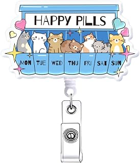 Happy Pills Cute Cat Pharmacy Badge Reel Retractable, Pharmacist Chill Pill Fun Nurse Gifts, Funny Nursing Badge Holder Healthcare Medical RN CNA PCT LPN Nursing Student Badge Clip ID Card Accessorie