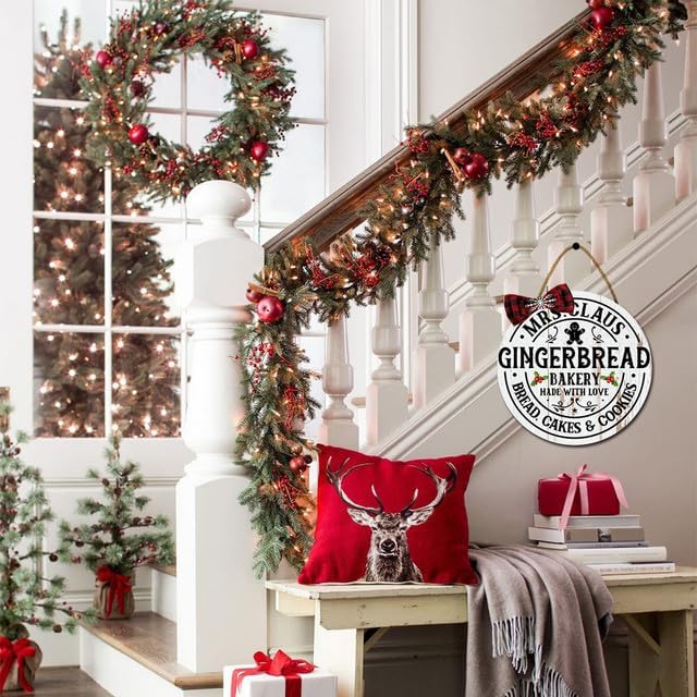 Miniatura 10 de Letrero navideño de panadería de pan de jengibre para puerta delantera, corona de Navidad, letrero colgante de madera rústica, decoración navideña